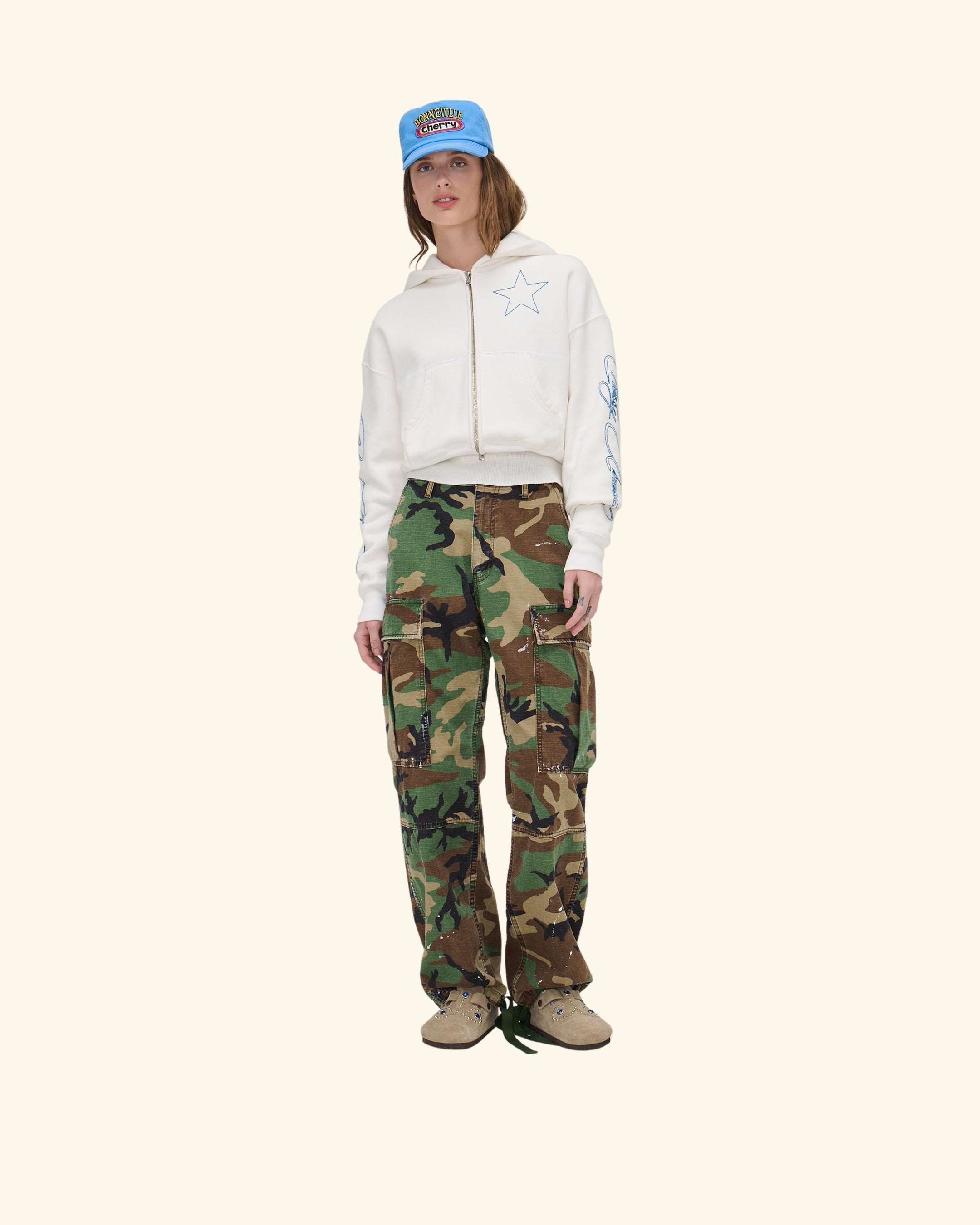 American Star Cropped Zip Hoodie (Vintage White)