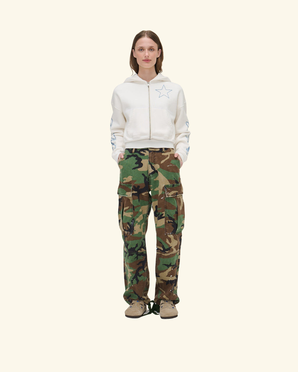 American Star Cropped Zip Hoodie (Vintage White)