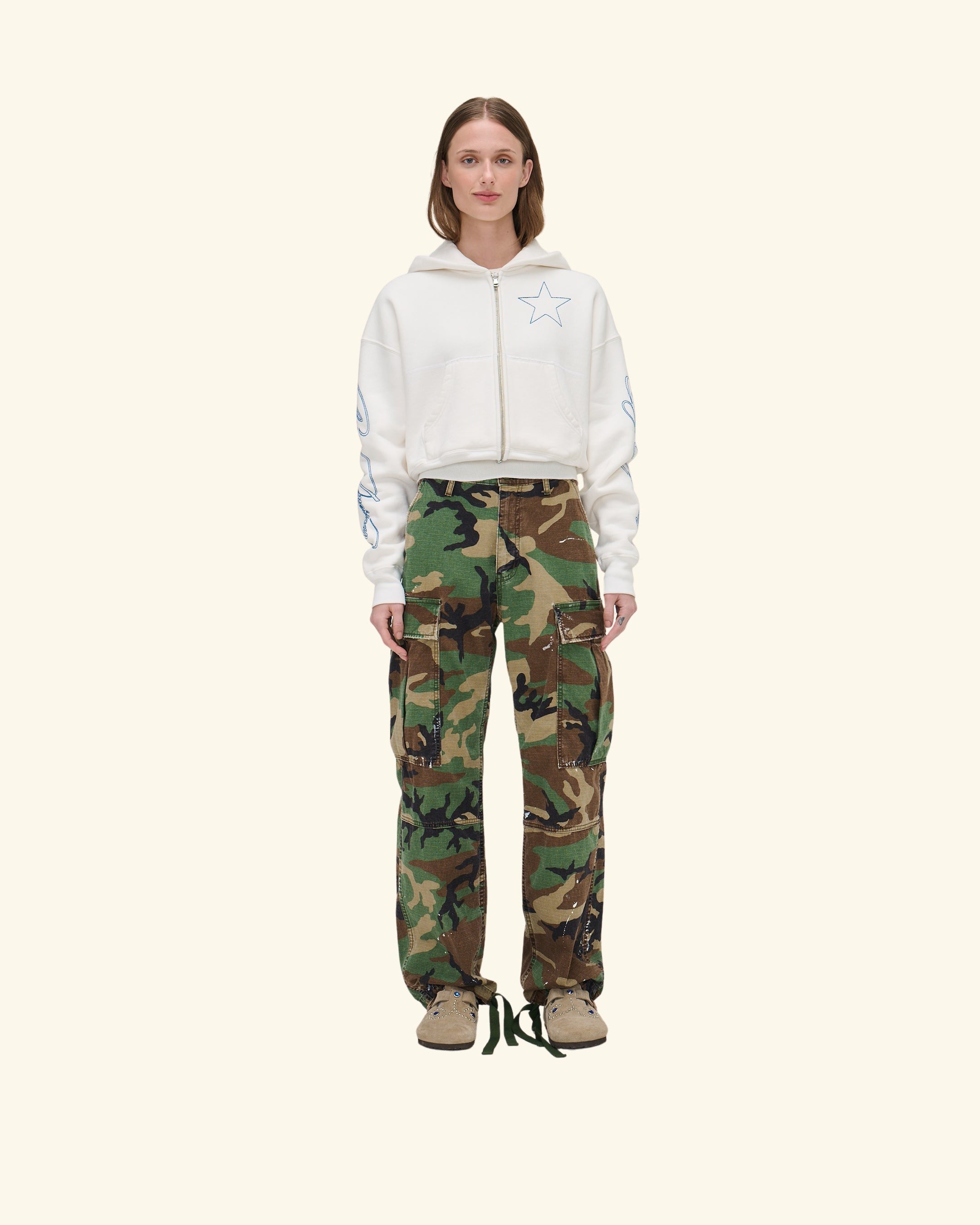 American Star Cropped Zip Hoodie (Vintage White)